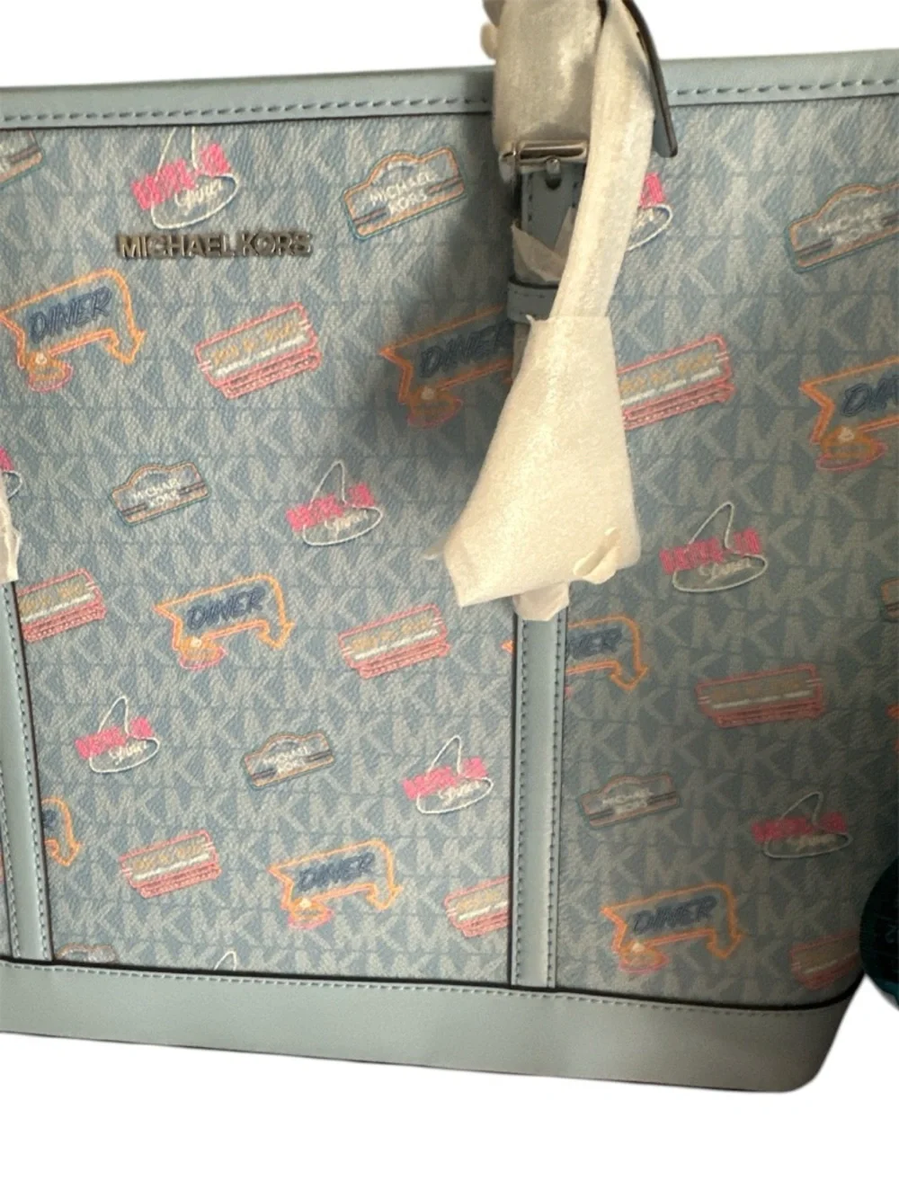 Michael Kors Extra Large Blue Diner Print Tote Bag New Host Pick - Picture 4 of 9